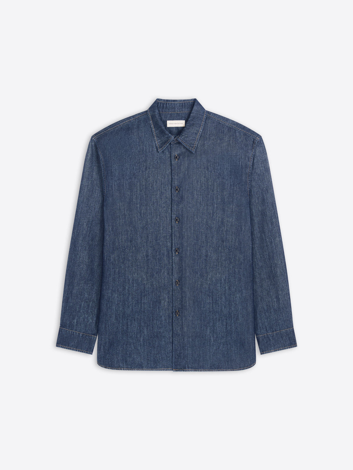 Blue denim shirt on a light gray background