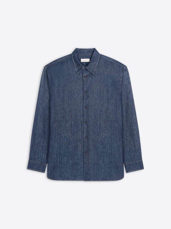 Blue denim shirt on a light gray background