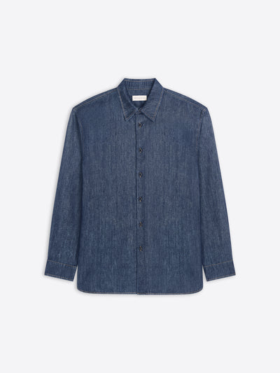 Blue denim shirt on a light gray background