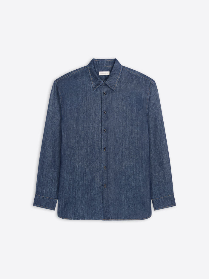 Blue denim shirt on a light gray background