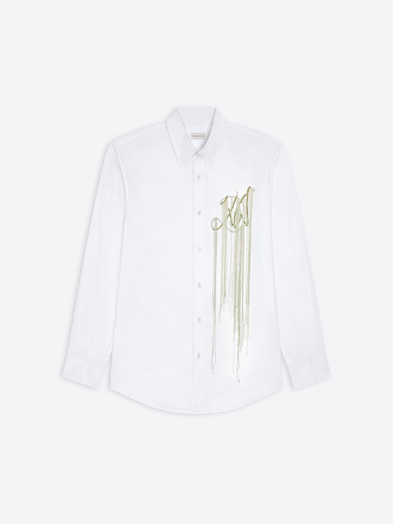 White shirt with gold embroidery on a white background
