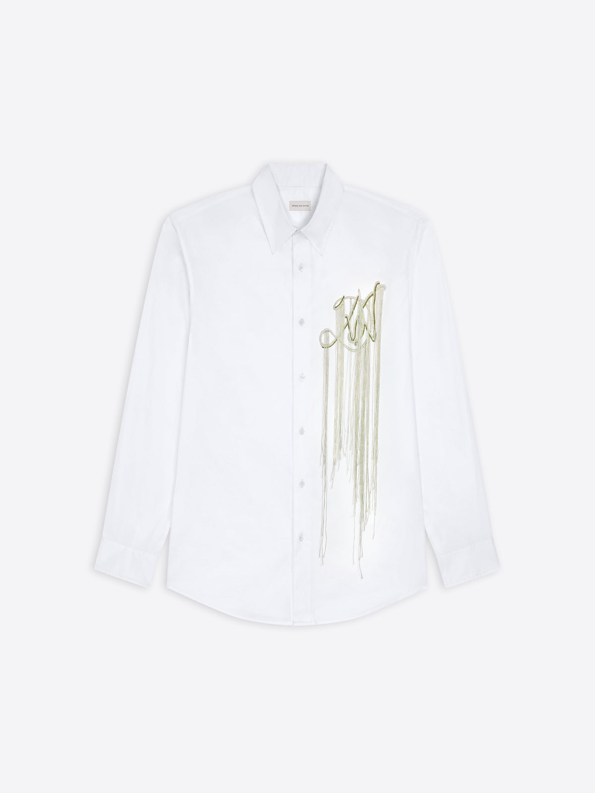 White shirt with gold embroidery on a white background
