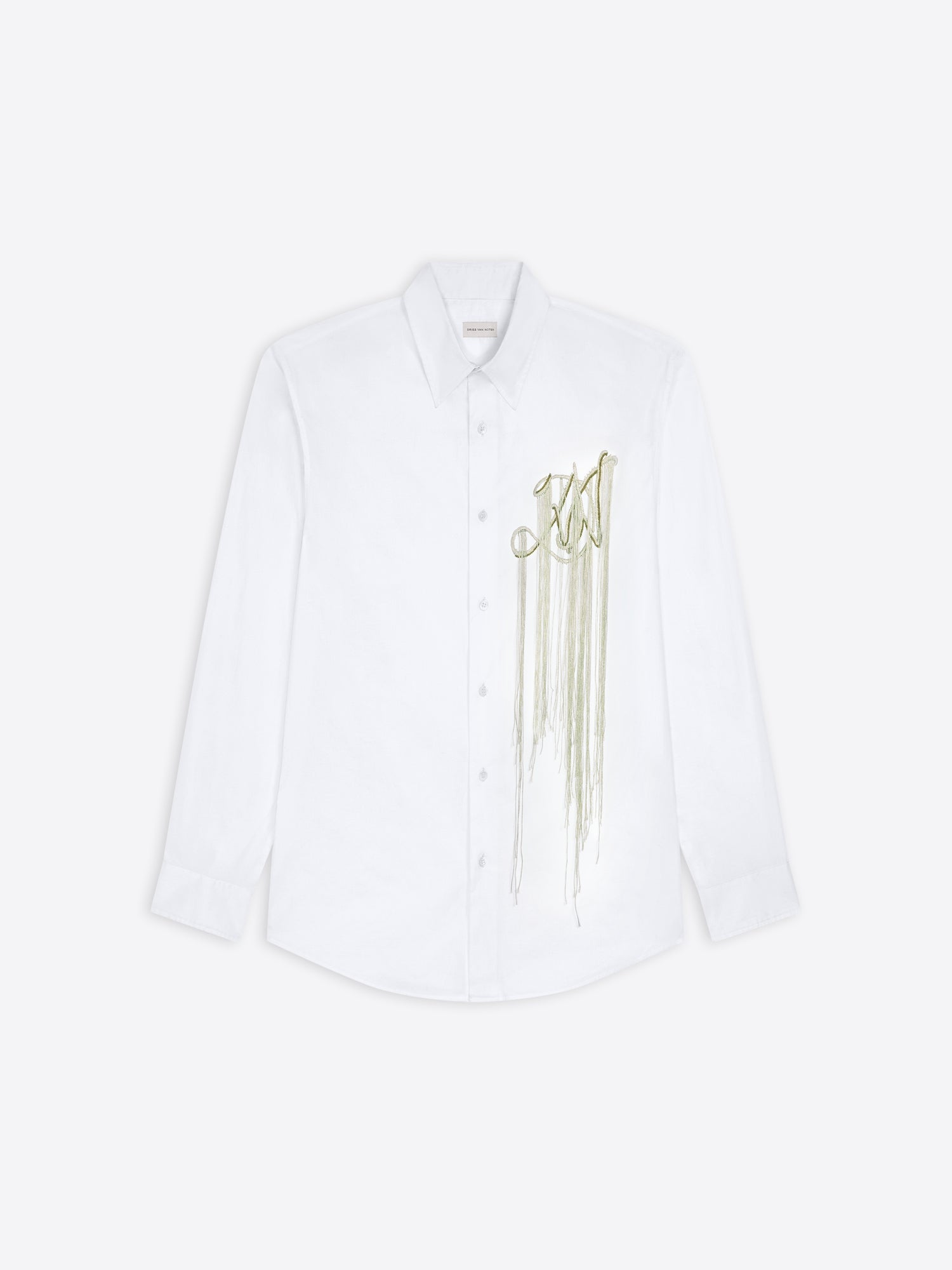 White shirt with gold embroidery on a white background