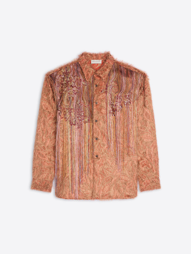Patterned button-up shirt with embroidered floral detailing and long fringe accents across the chest on a white background