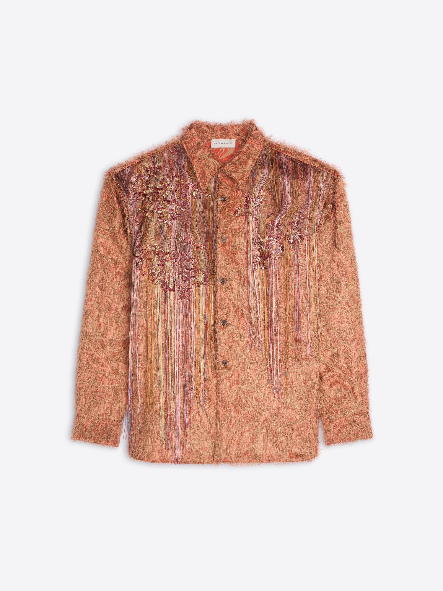 Patterned button-up shirt with embroidered floral detailing and long fringe accents across the chest on a white background