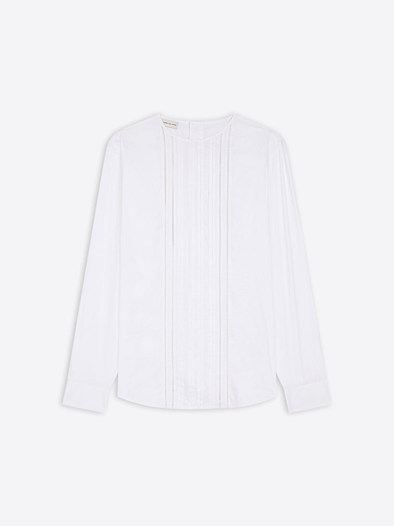 White cotton colorless shirt with ruffled details on a white background