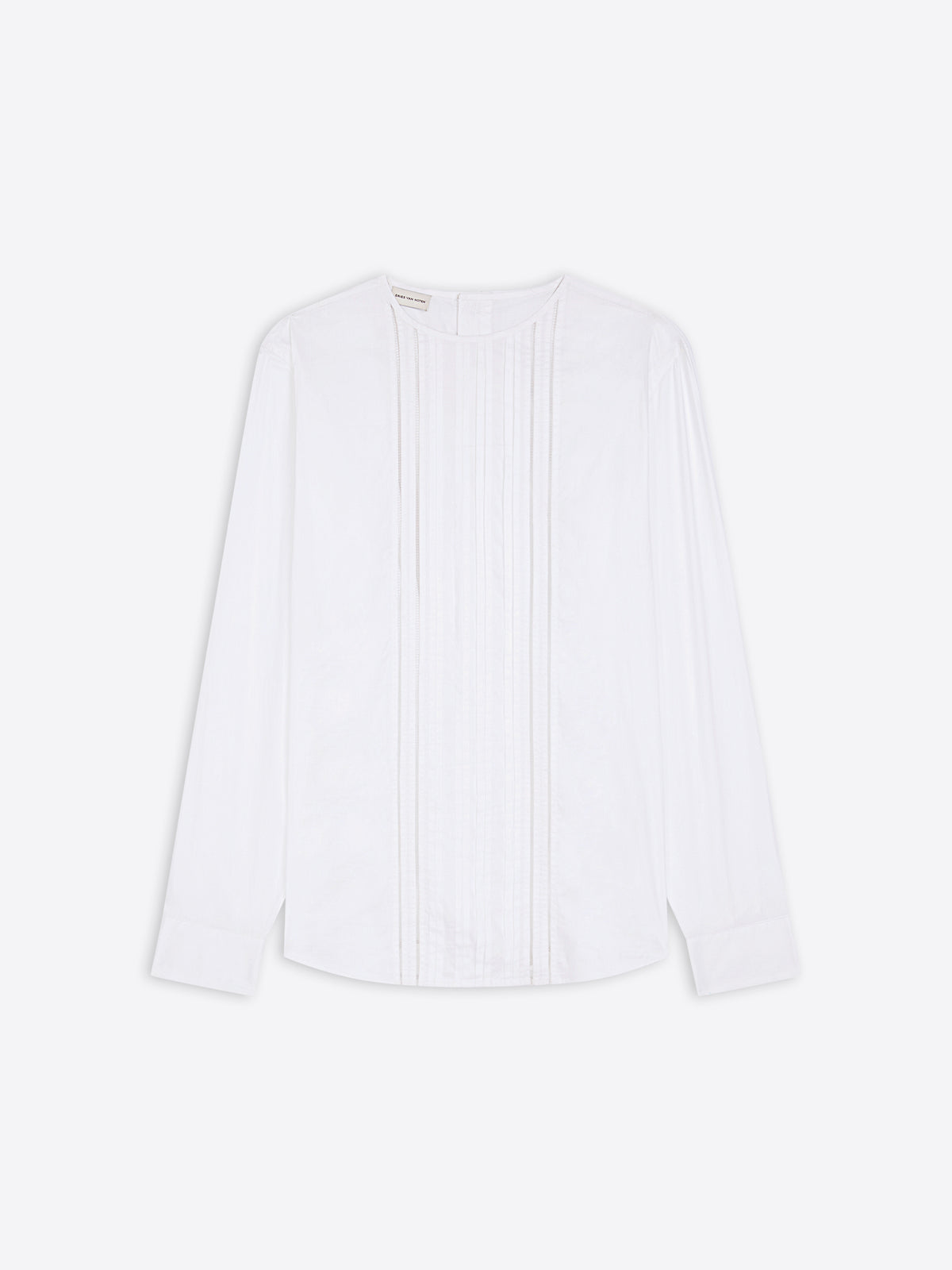 White cotton colorless shirt with ruffled details on a white background