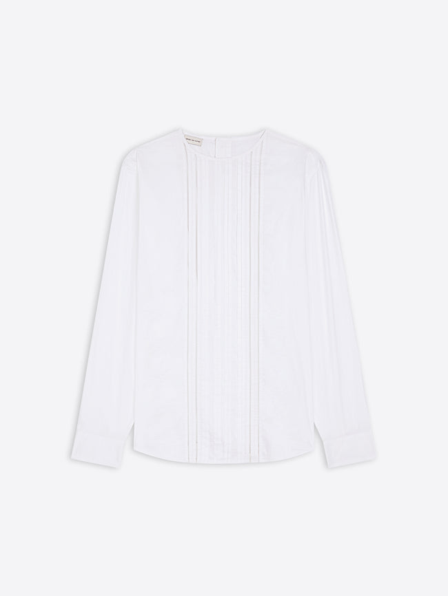 White cotton colorless shirt with ruffled details on a white background