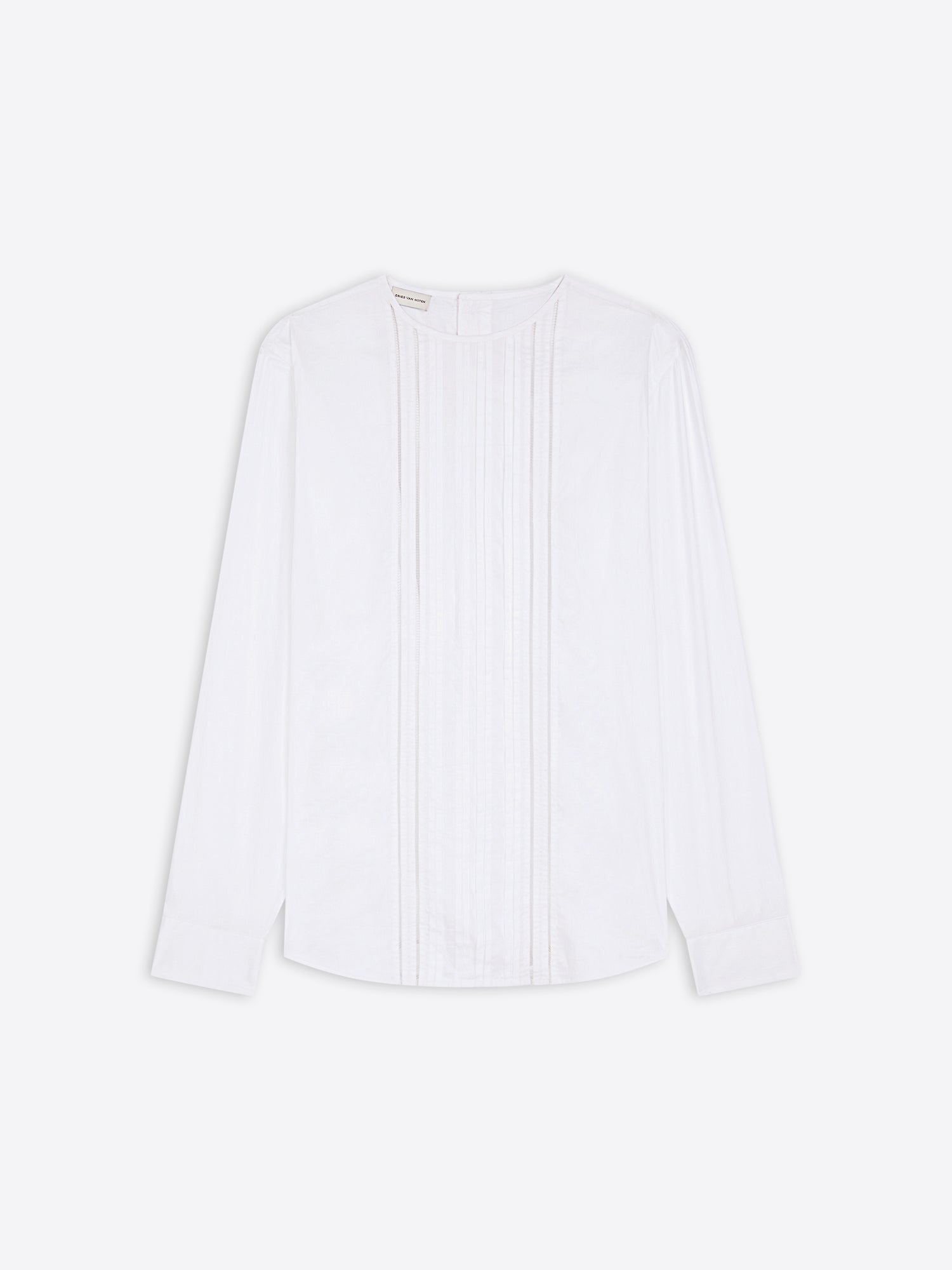 White cotton colorless shirt with ruffled details on a white background