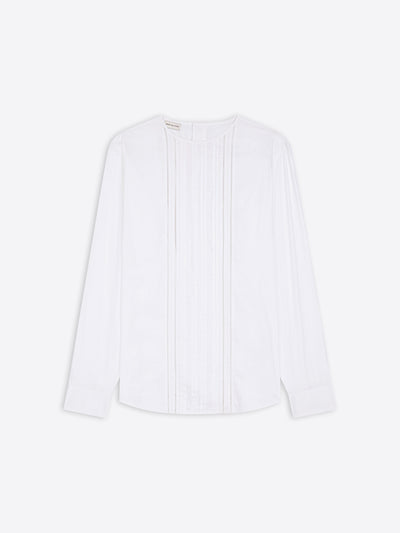 White cotton colorless shirt with ruffled details on a white background