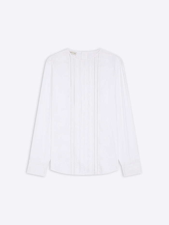 White cotton colorless shirt with ruffled details on a white background