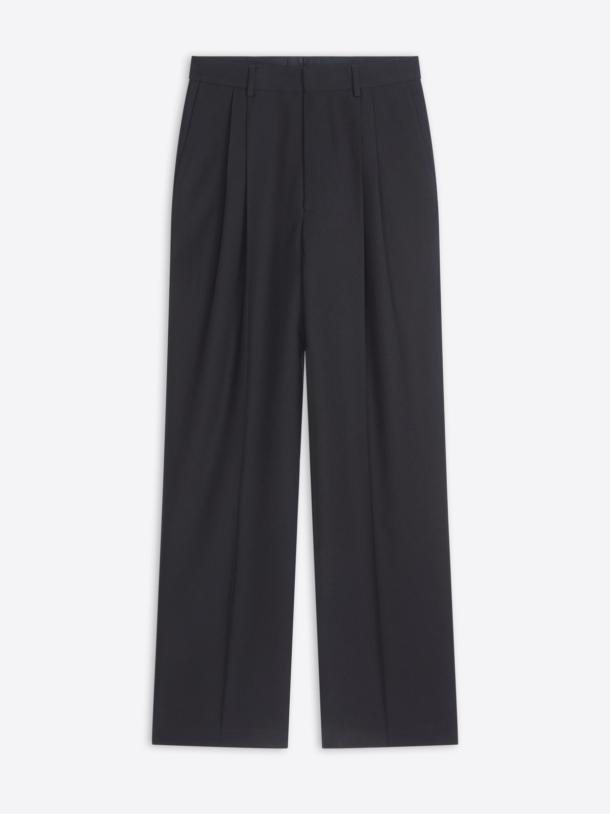 Black pleated pants on a white background