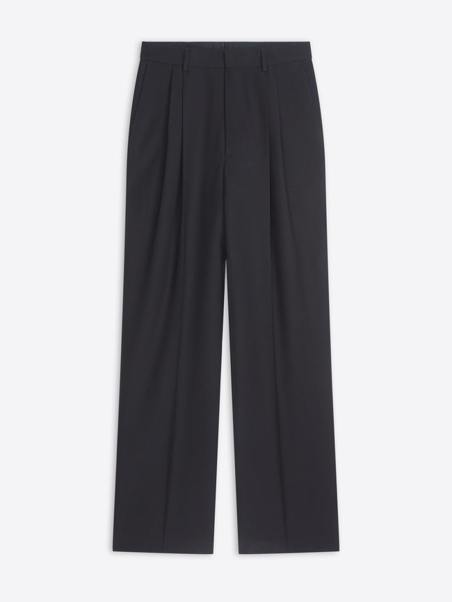 Black pleated pants on a white background