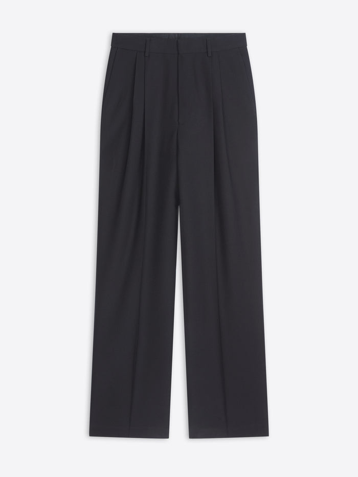 Black pleated pants on a white background