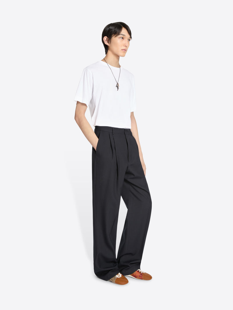Person wearing a white t-shirt and black wide-leg pants on a white background