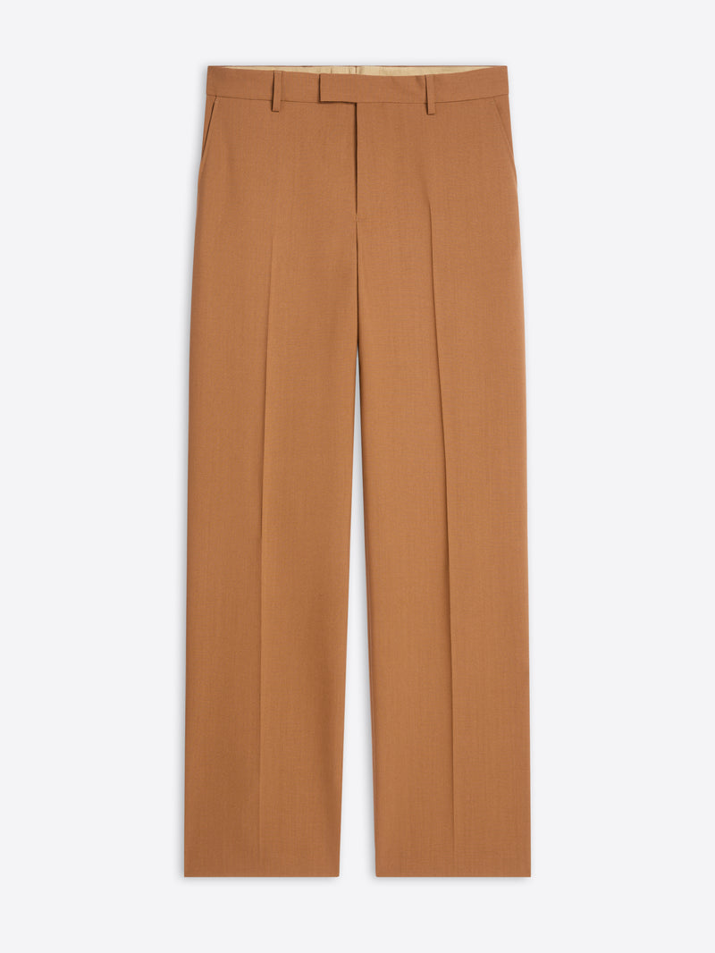 Camel-colored straight-leg tailored pants with pressed creases and a minimalist design 