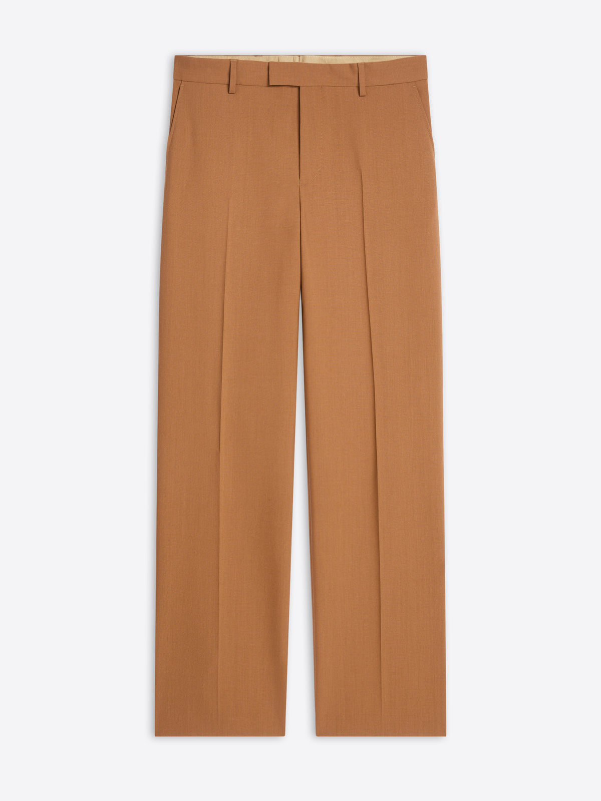 Camel-colored straight-leg tailored pants with pressed creases and a minimalist design 