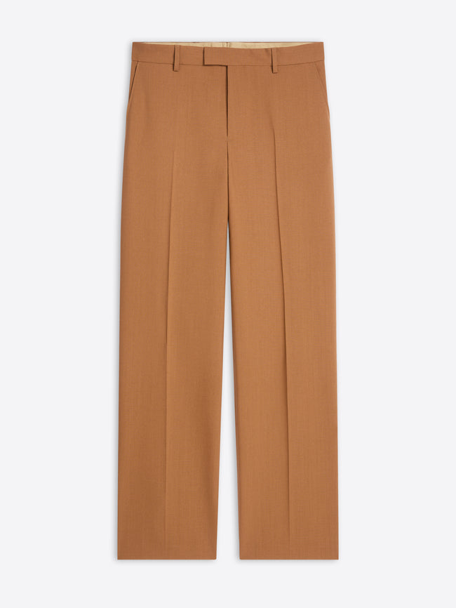 Camel-colored straight-leg tailored pants with pressed creases and a minimalist design 