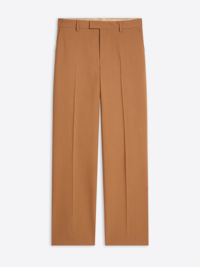 Camel-colored straight-leg tailored pants with pressed creases and a minimalist design 