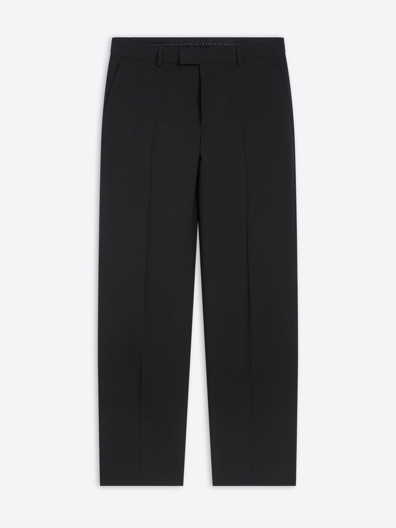 Black straight-leg tailored pants with pressed creases and a minimalist design 
