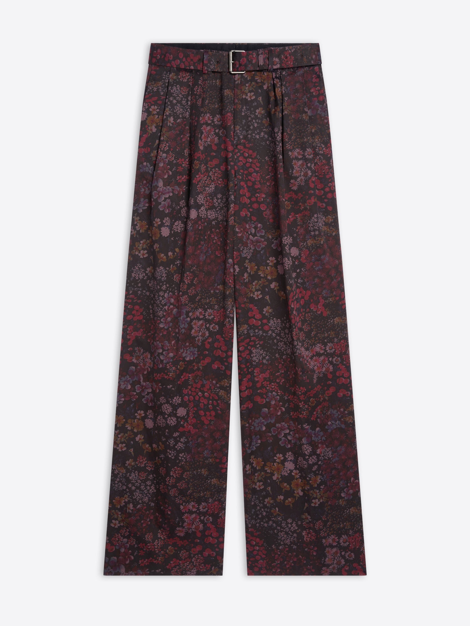 Floral patterned pants with a belt on a white background