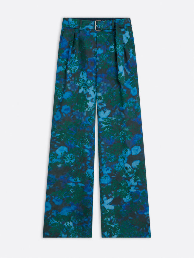 A pair of wide-leg pants featuring a vibrant blue and green floral pattern, displayed flat against a light gray background.