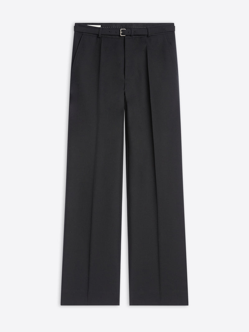 Black tailored straight-leg pants with front pleats and an adjustable waist buckle 