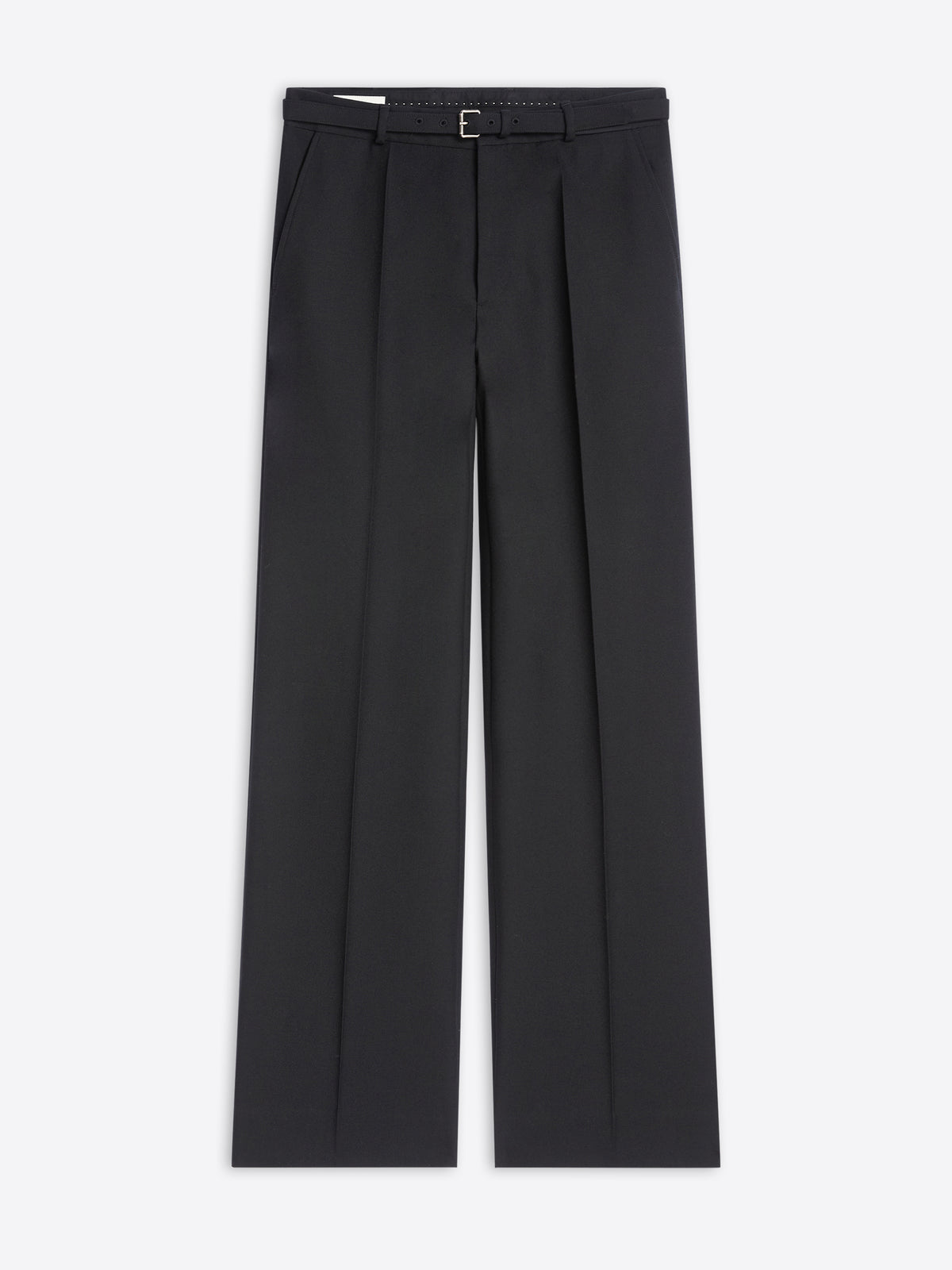 Black tailored straight-leg pants with front pleats and an adjustable waist buckle 