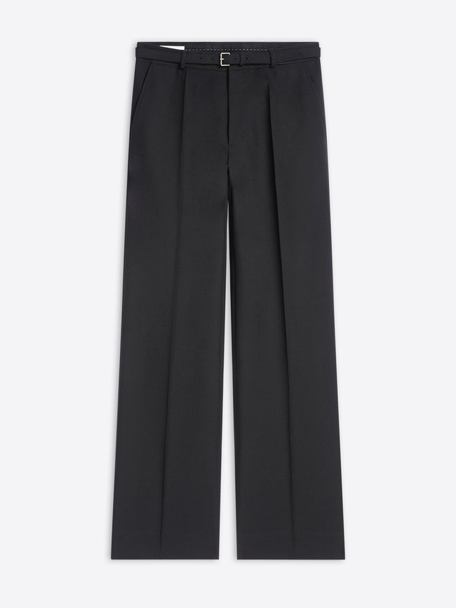 Black tailored straight-leg pants with front pleats and an adjustable waist buckle 