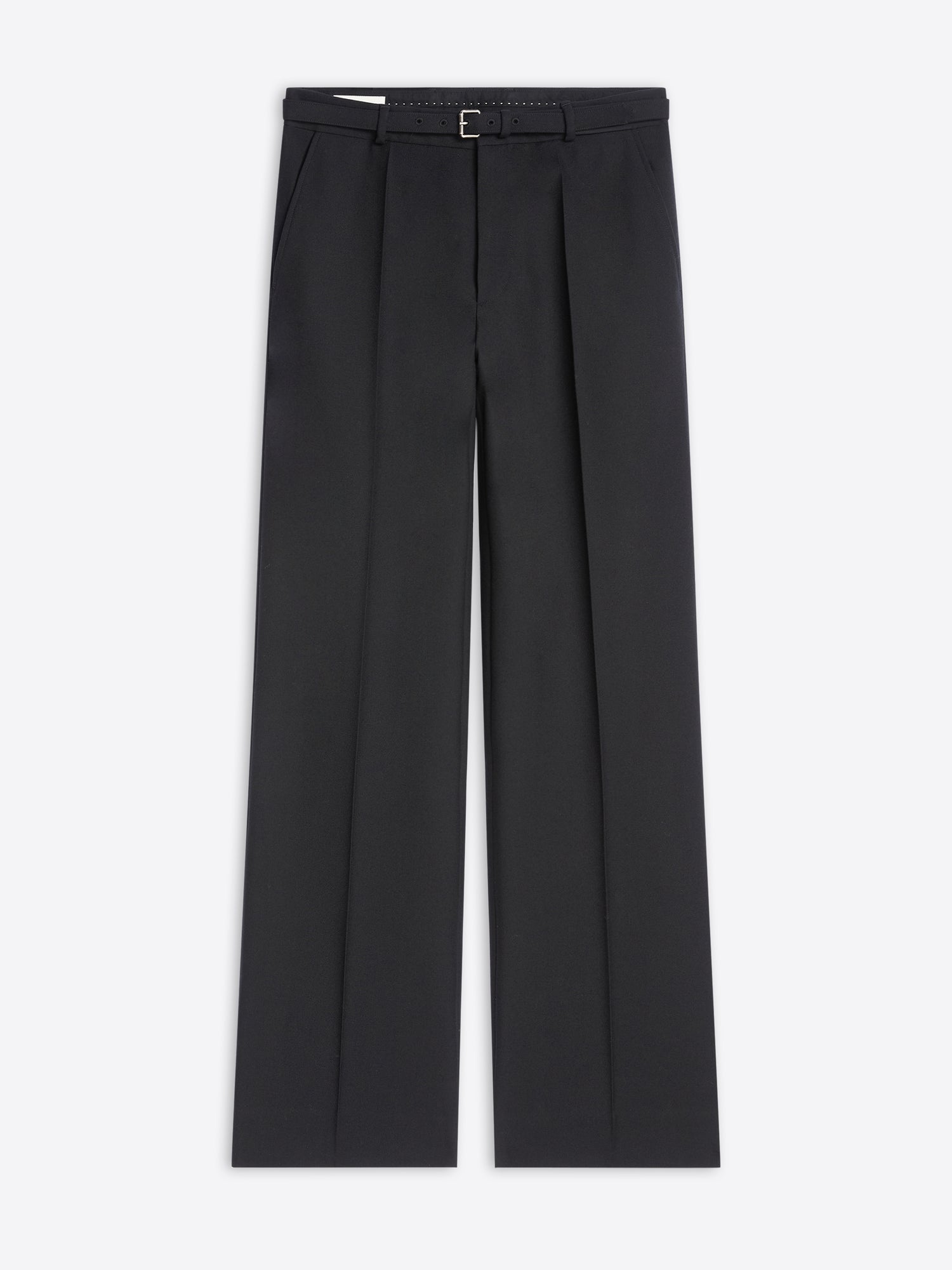 Black tailored straight-leg pants with front pleats and an adjustable waist buckle 