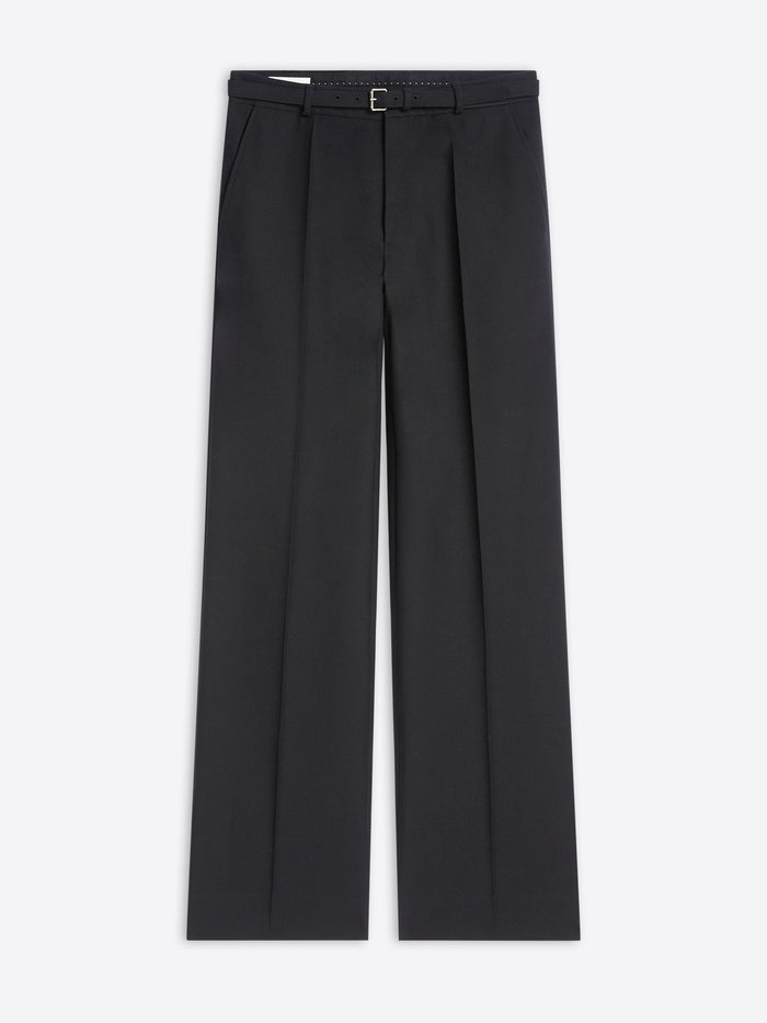 Black tailored straight-leg pants with front pleats and an adjustable waist buckle 