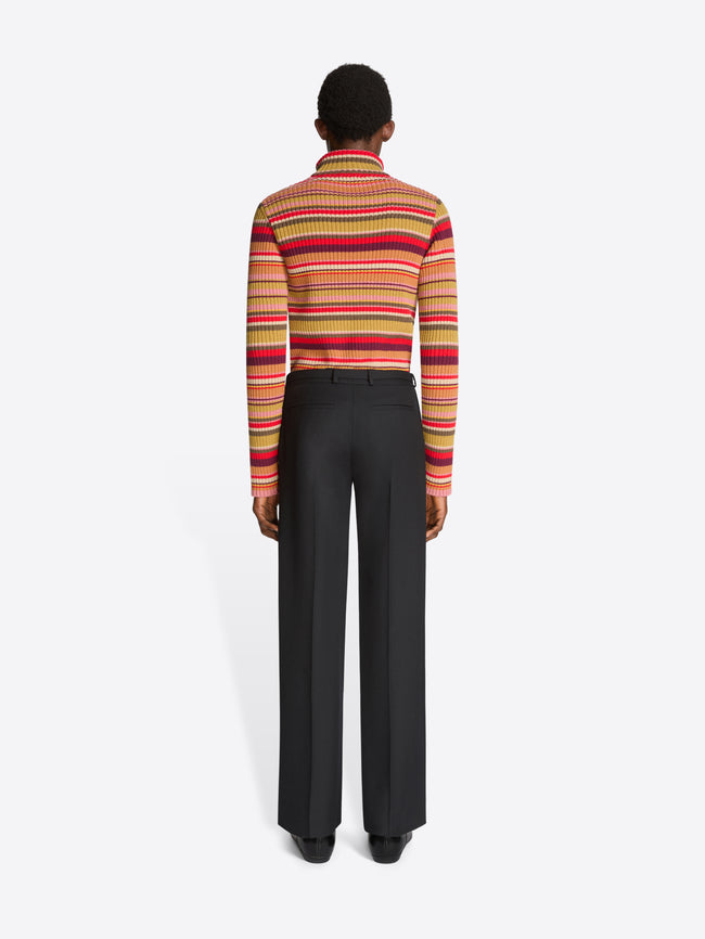 Back view of a person wearing a colorful striped knit sweater with a blue patterned front panel, black tailored pants on the white background 