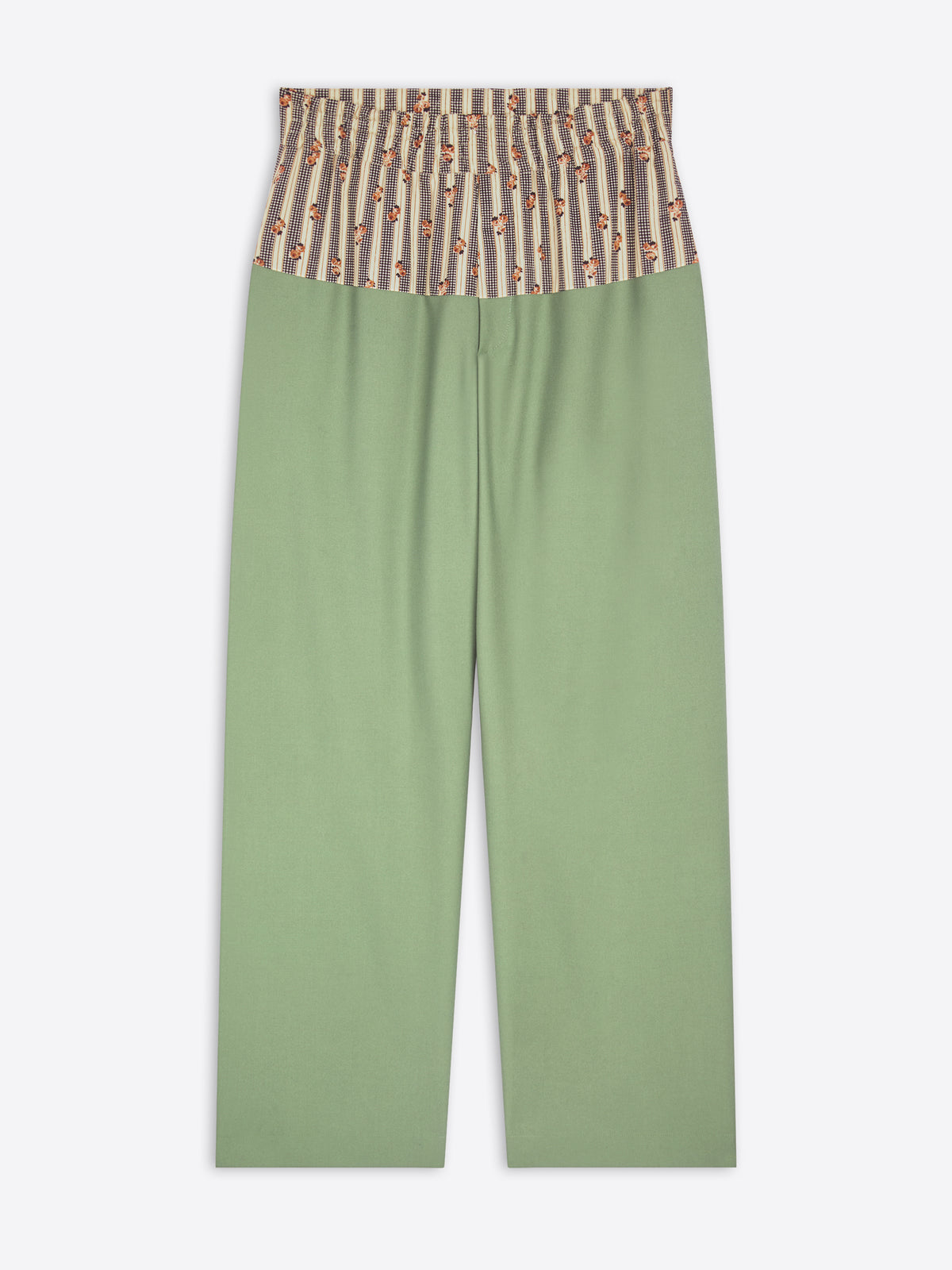 Green pants with a striped top section on a white background