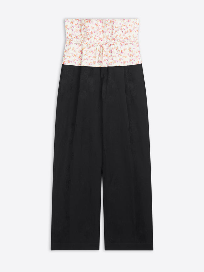 Black pants with a floral waistband  on a white background