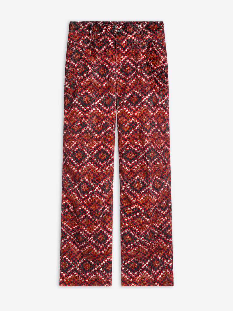 Red patterned pants on a white background