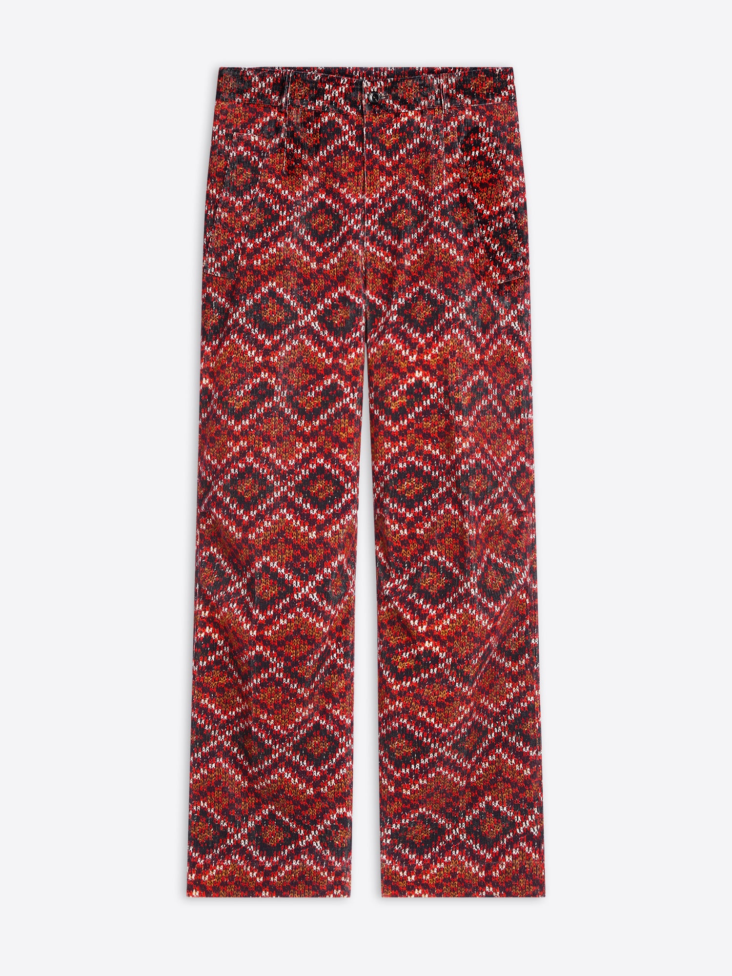 Red patterned pants on a white background