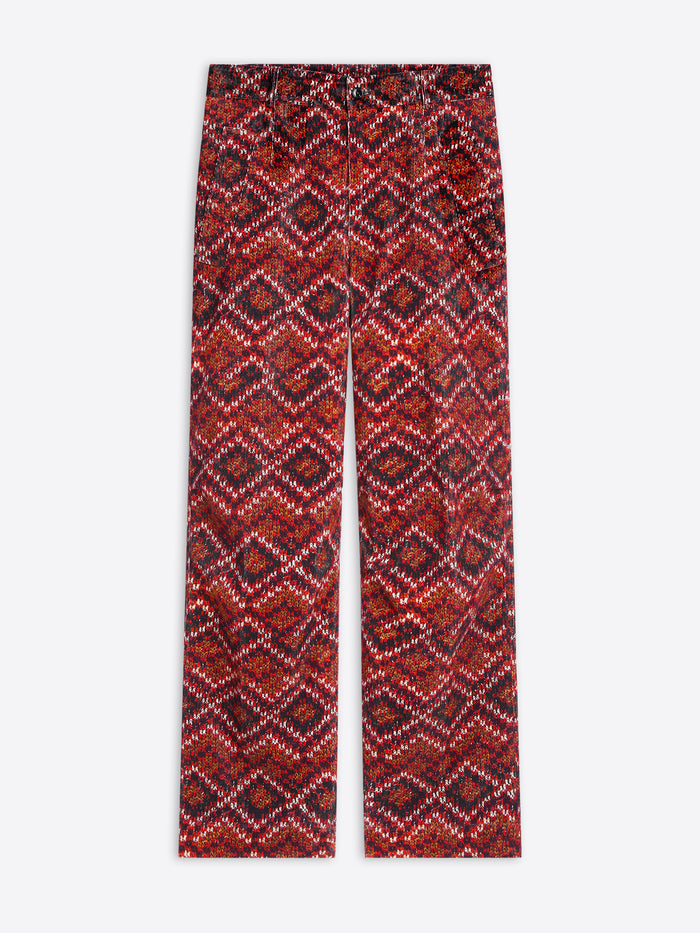 Red patterned pants on a white background
