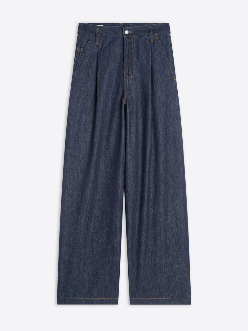Pair of dark blue jeans on a white background
