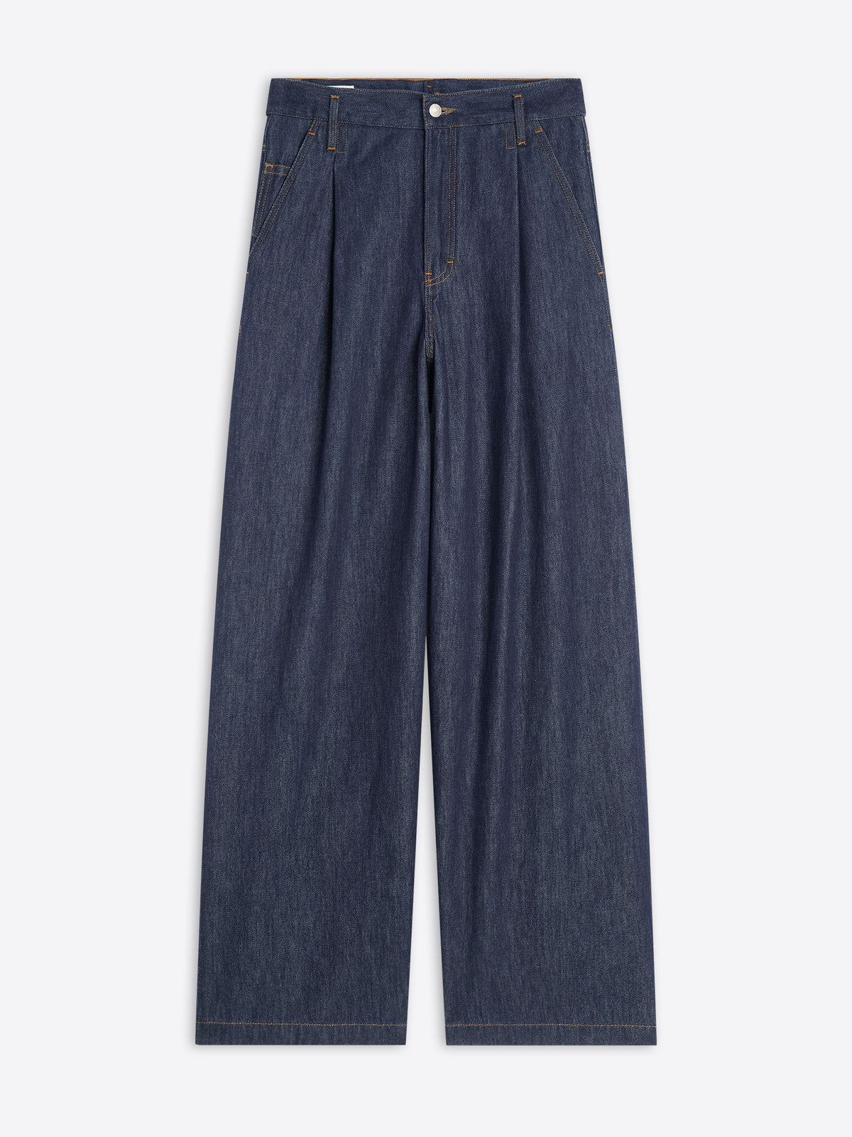 Pair of dark blue jeans on a white background