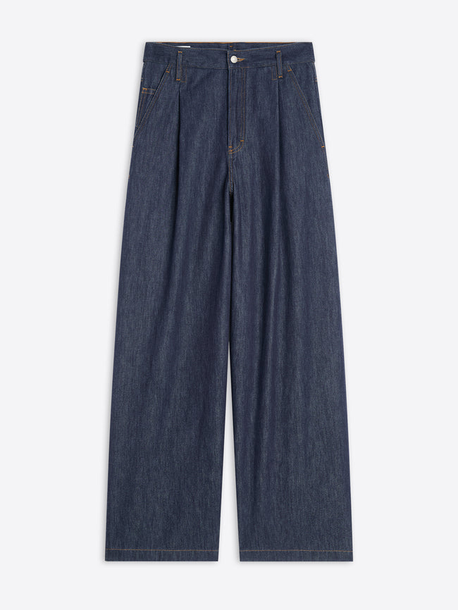 Pair of dark blue jeans on a white background
