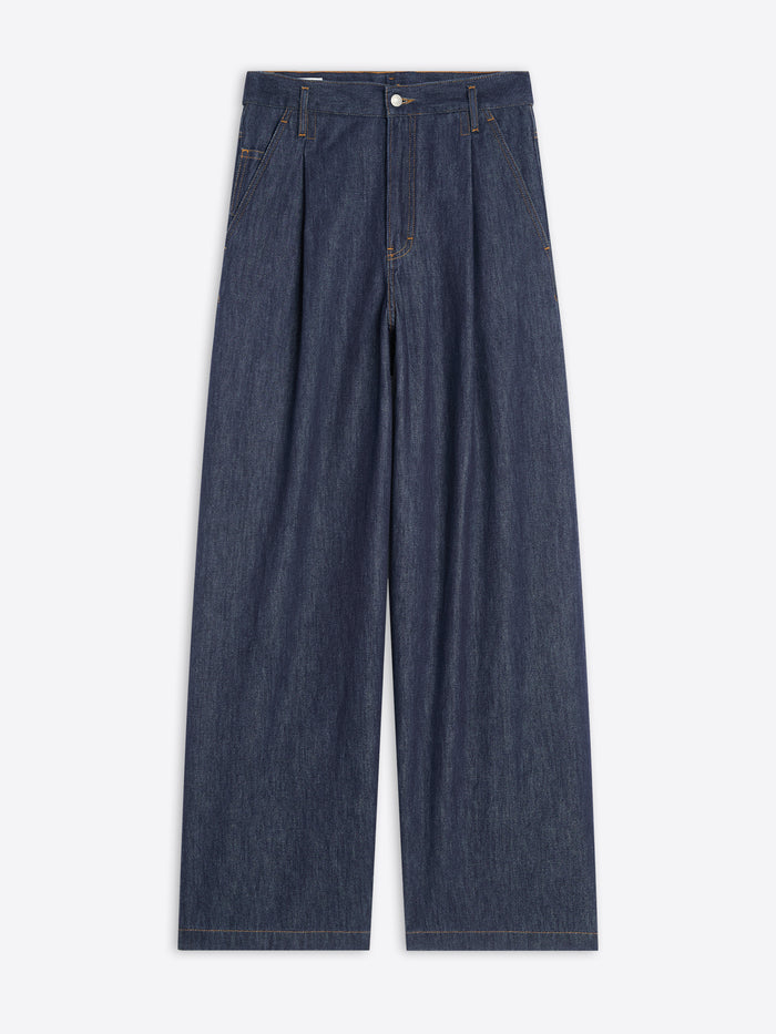 Pair of dark blue jeans on a white background