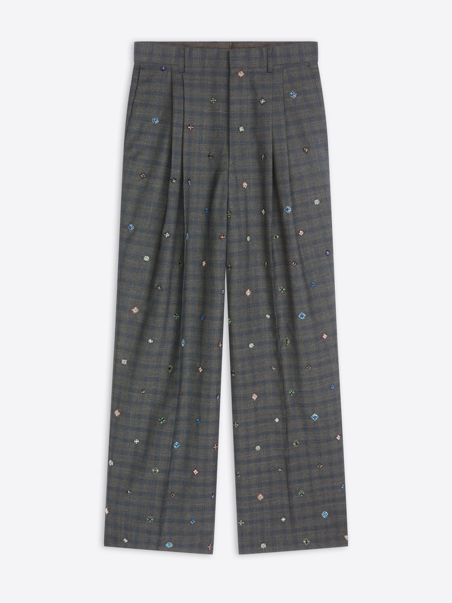 Dark gray plaid pants with small colorful patterns on a white background