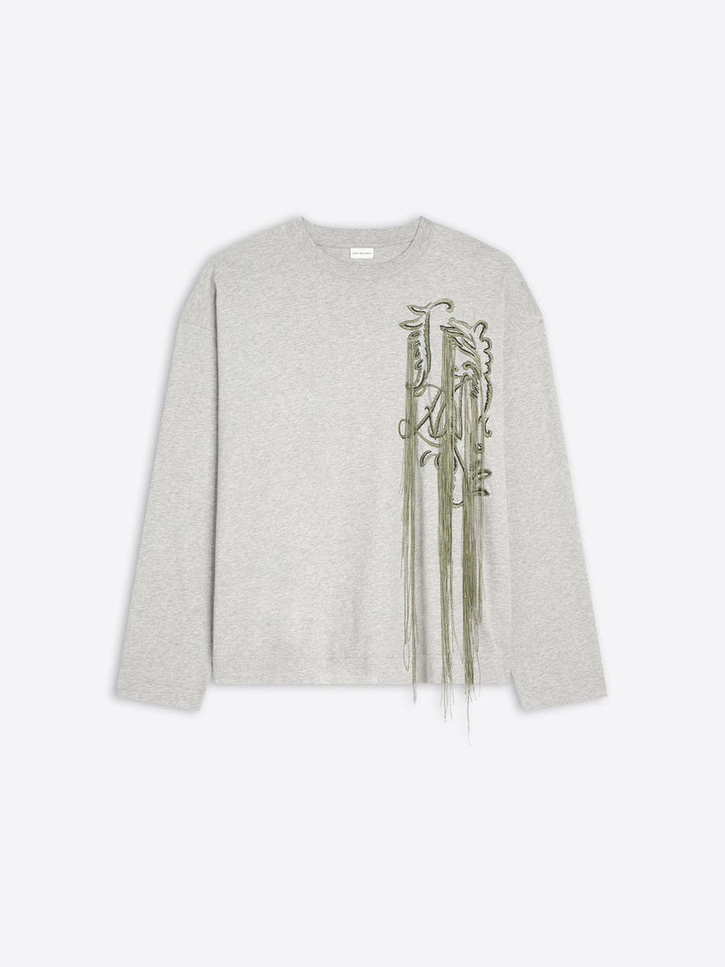Gray sweater with green embroidery on a white background