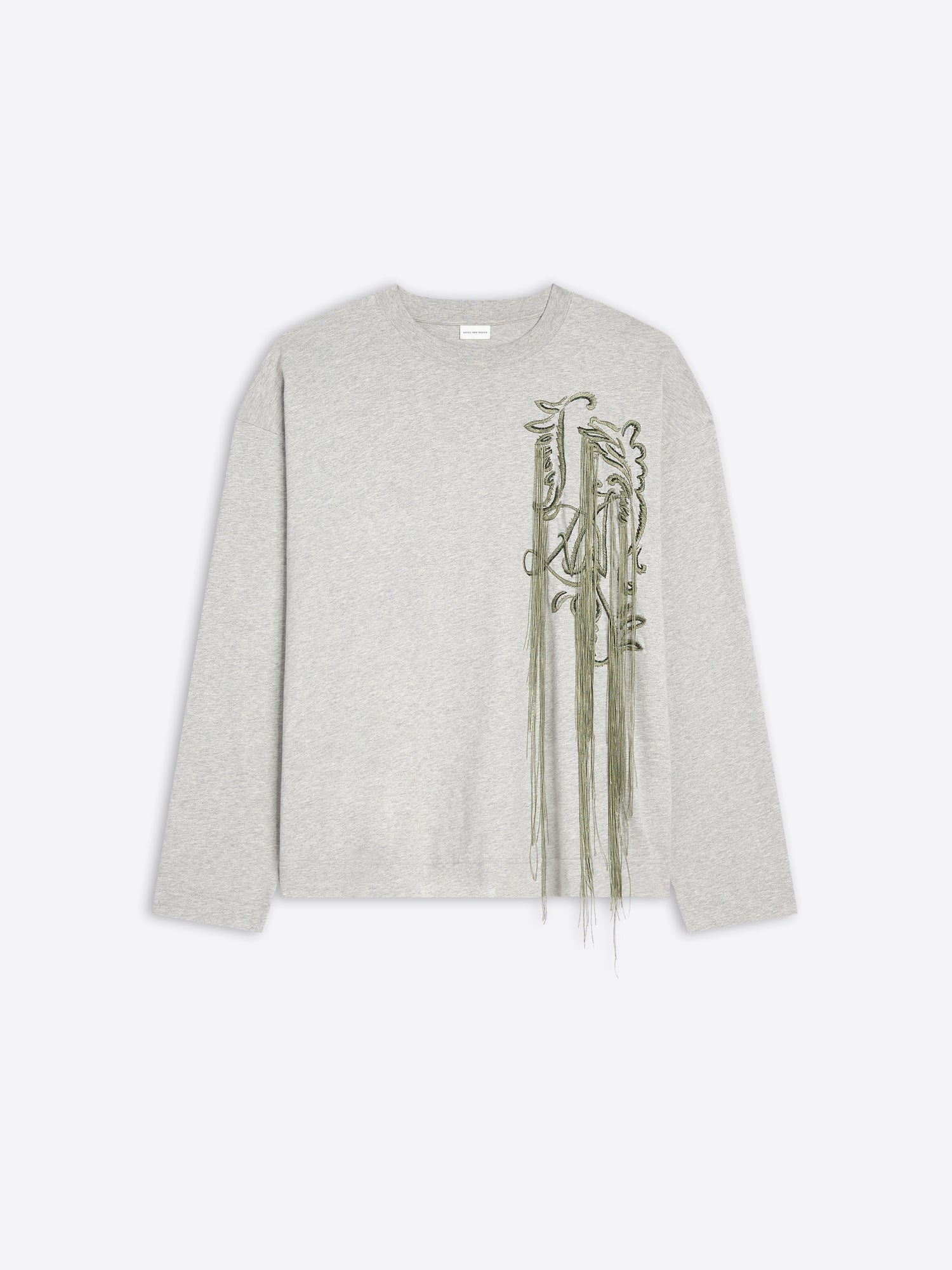 Gray sweater with green embroidery on a white background