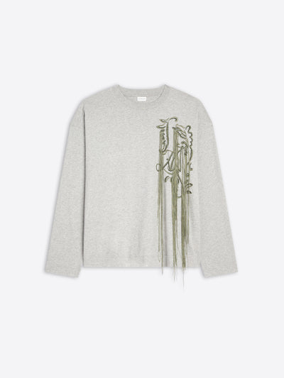 Gray sweater with green embroidery on a white background