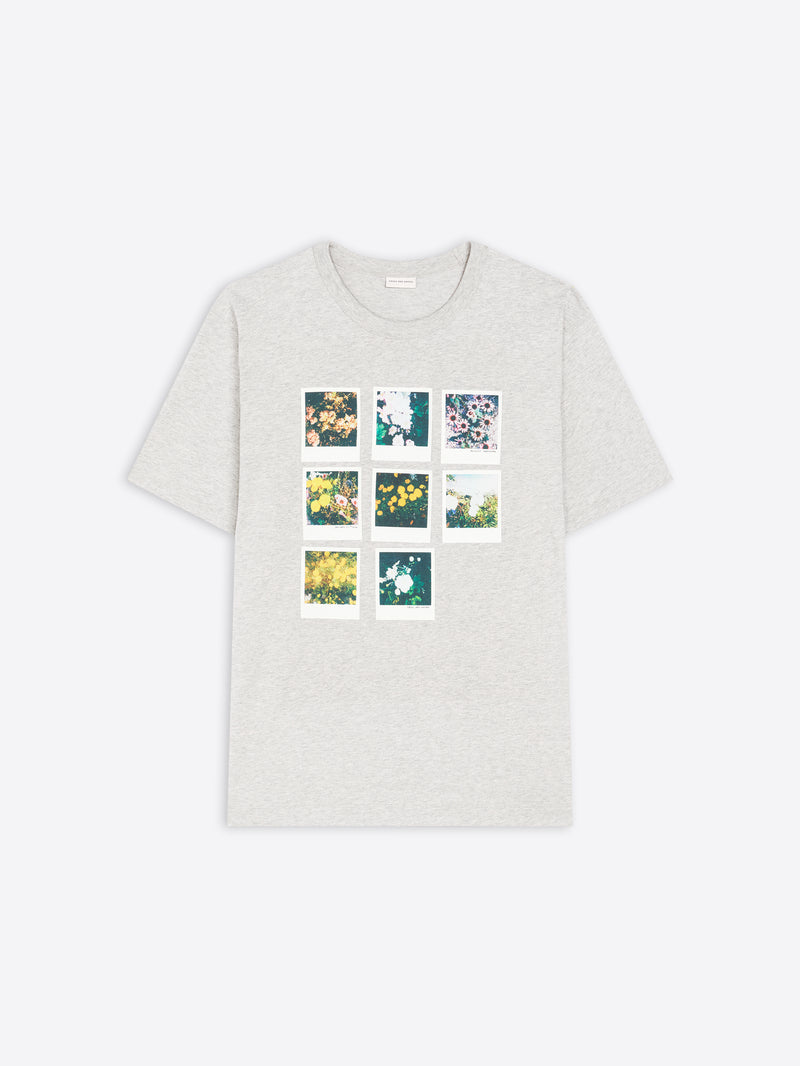 Grey t-shirt with eight square graphic images on a white background 