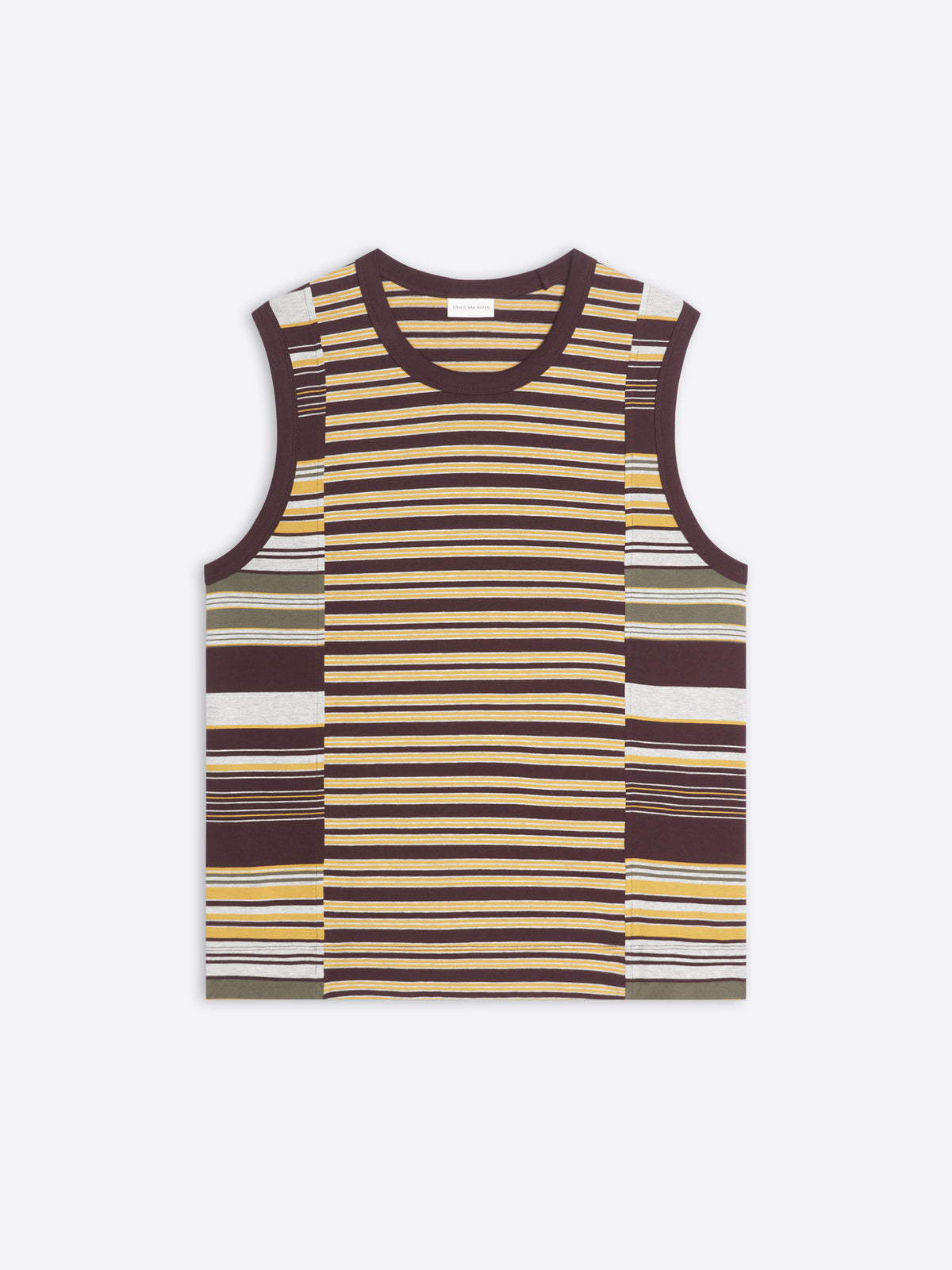 Striped tank top with a brown and yellow pattern on a white background