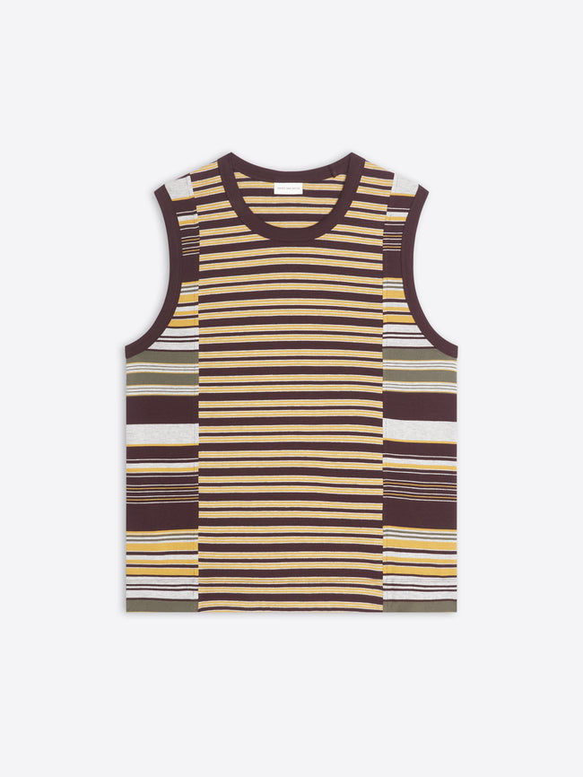 Striped tank top with a brown and yellow pattern on a white background
