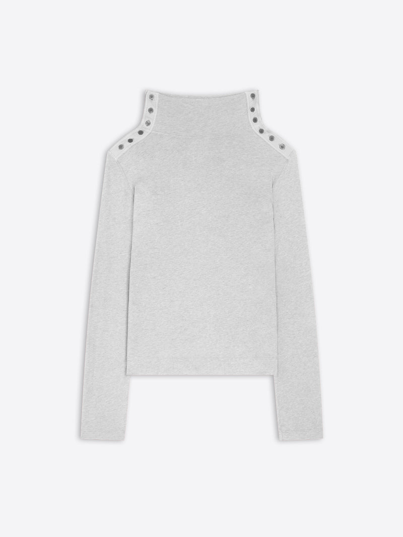 Gray sweater with button details on a white background