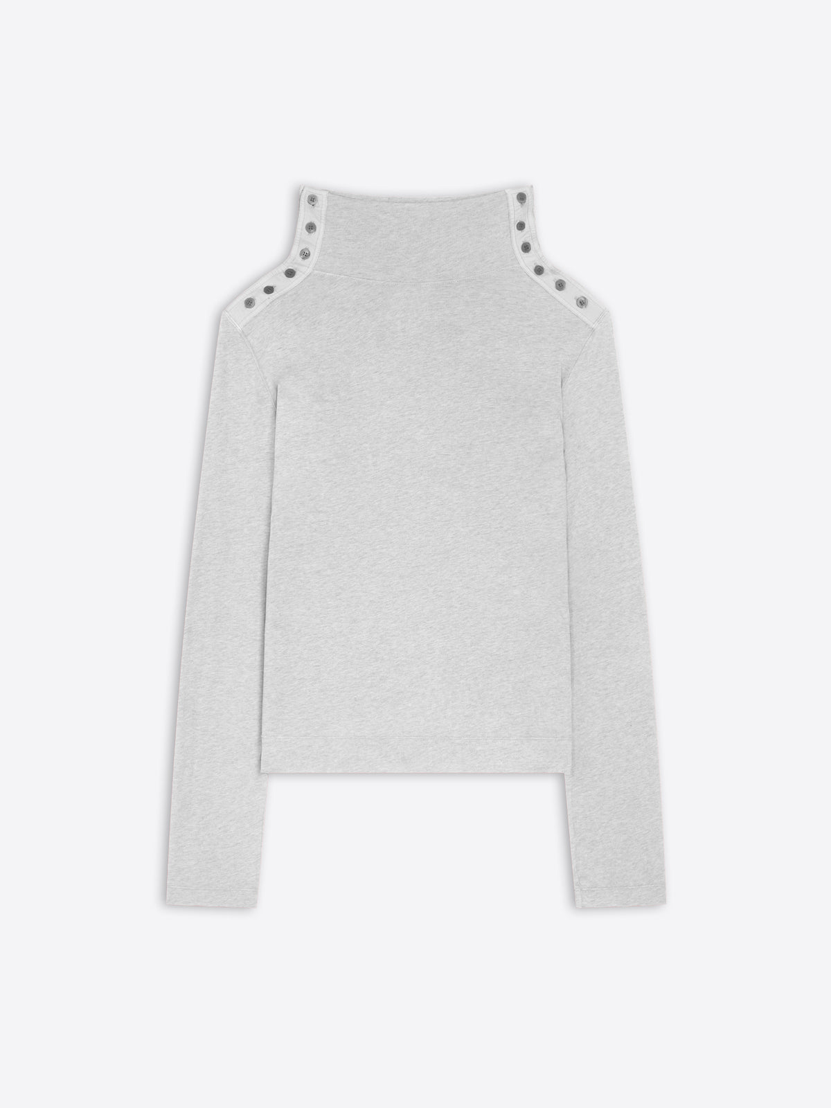 Gray sweater with button details on a white background
